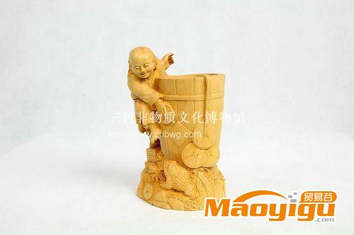 乐清黄杨木雕*家居摆件*商务礼品 刘海戏蟾 笔筒11.5*10*18.5